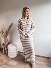 STRIPED DRESS - BEIGE/BRUIN