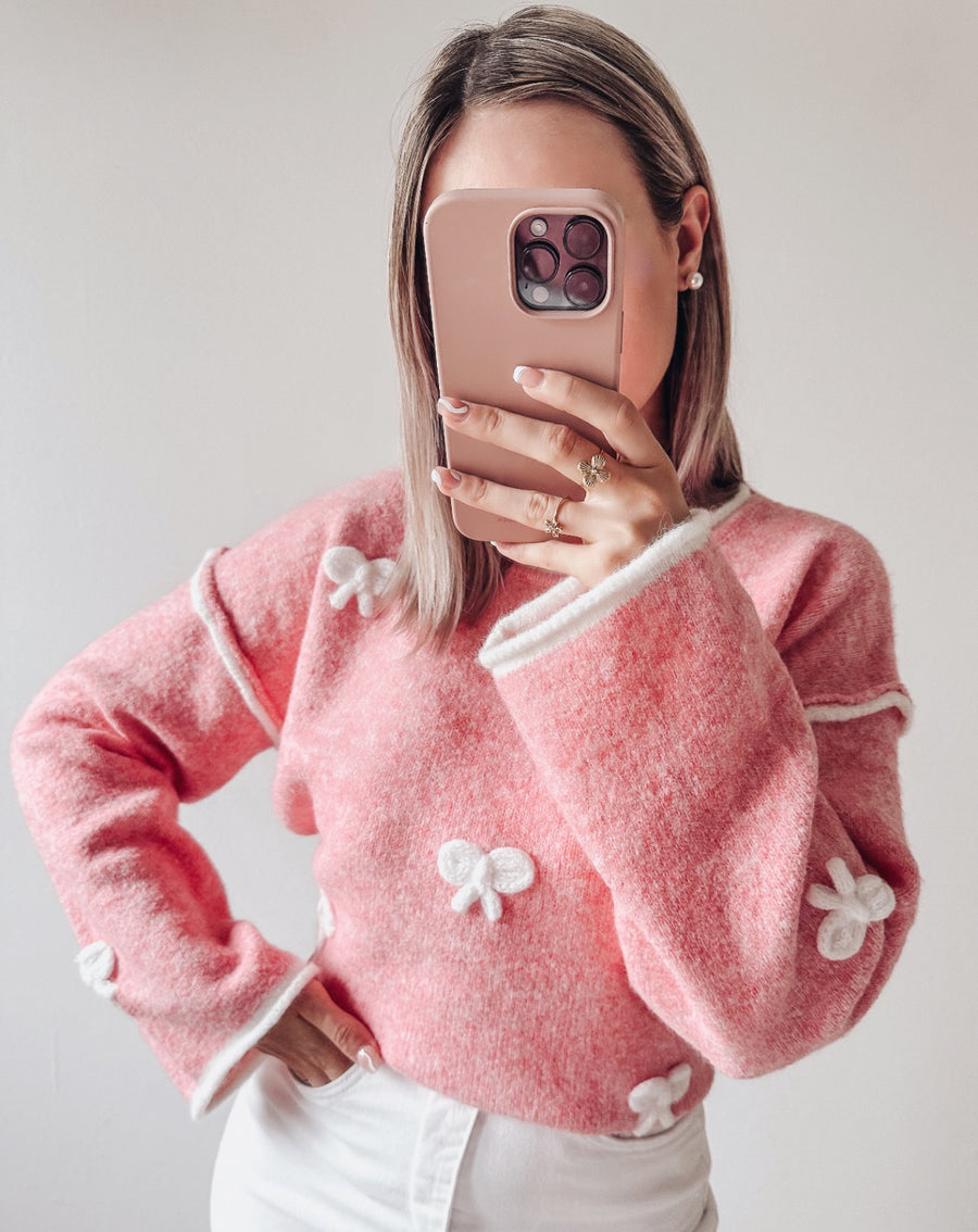 BOW KNIT - ROZE/WIT