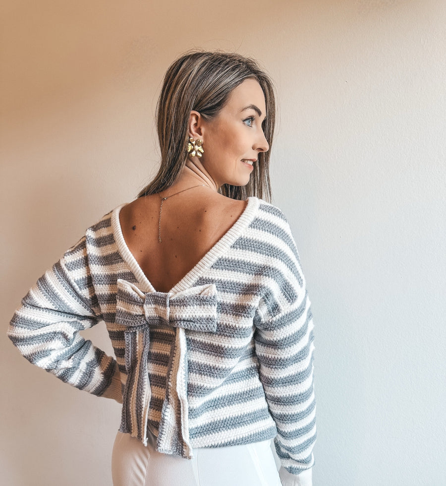 STRIPED BOW SWEATER - GRIJS/WIT