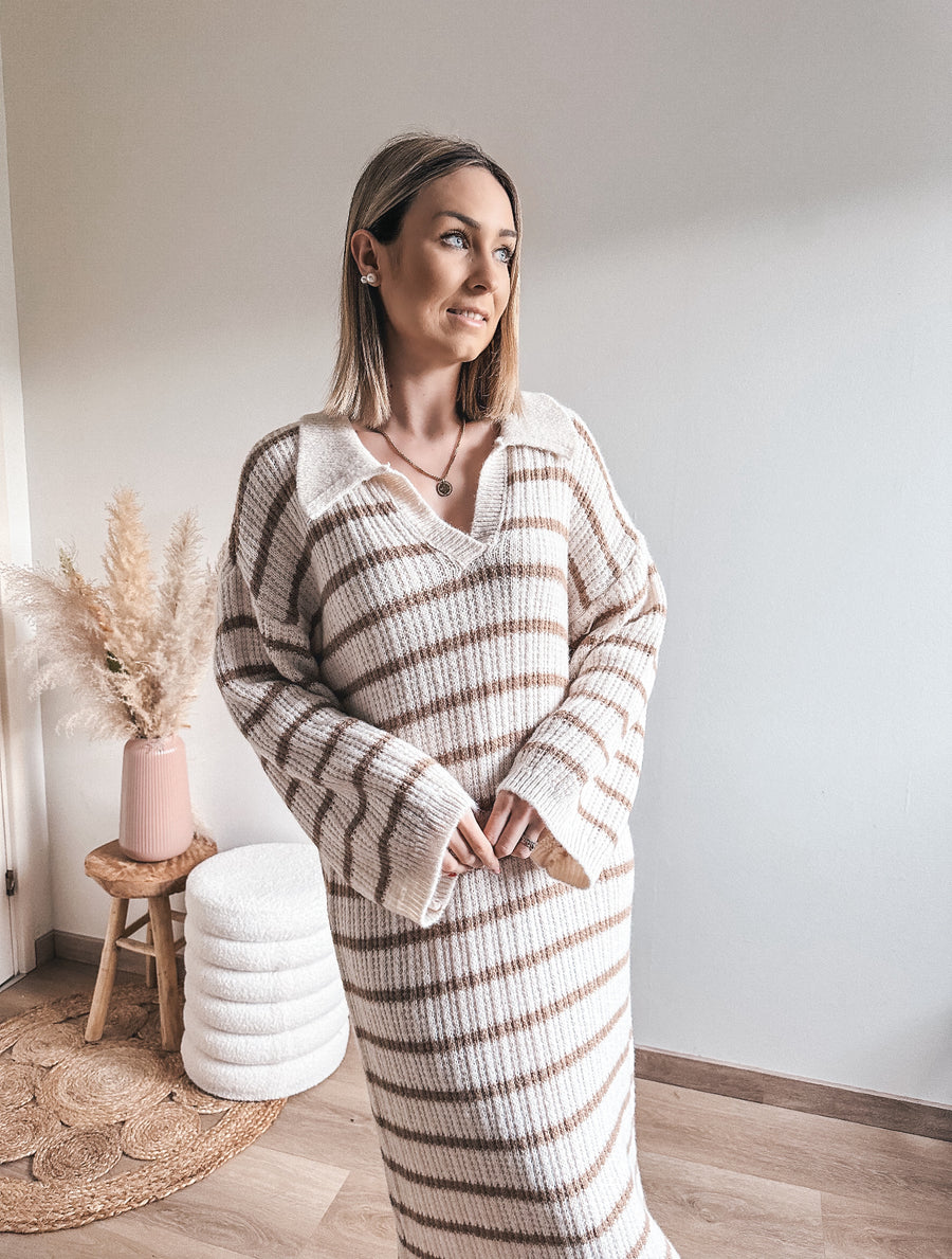 STRIPED DRESS - BEIGE/BRUIN