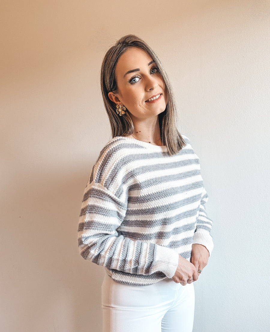 STRIPED BOW SWEATER - GRIJS/WIT