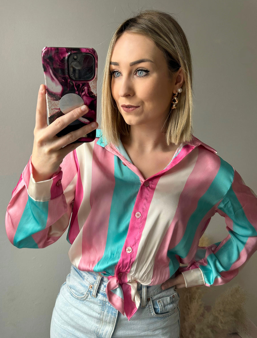 AYA BLOUSE - BLAUW/ROOS